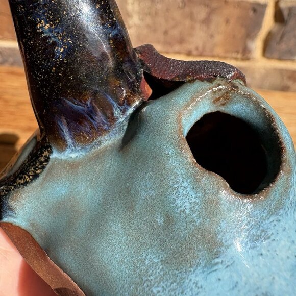 Glazed enamel pottery bull skull with mounting bolt Turquoise/Aqua Terracotta 5” - Picture 7 of 16
